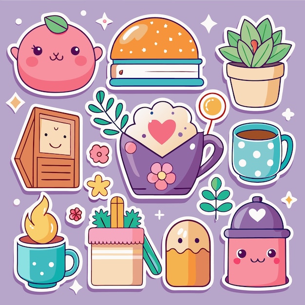 Vector cute stickers with coffee food and plants