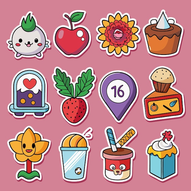 Vector cute stickers with flowers fruits drinks and desserts