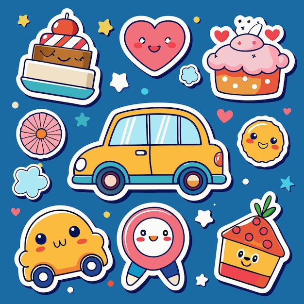 Vector cute stickers with happy faces on a blue background including cars cakes hearts a flower a cloud and a donut