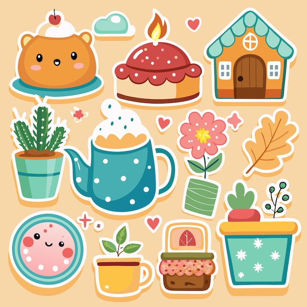 Vector cute stickers with house cake teapot plants