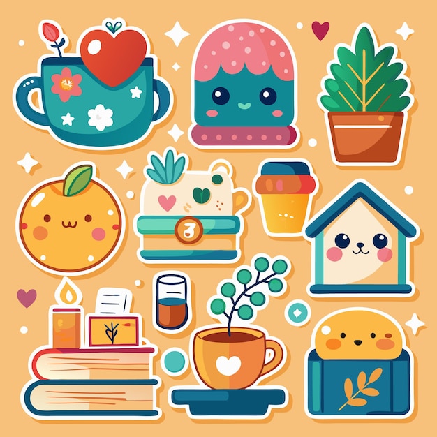 Vector cute stickers with kawaii characters plants and cozy objects