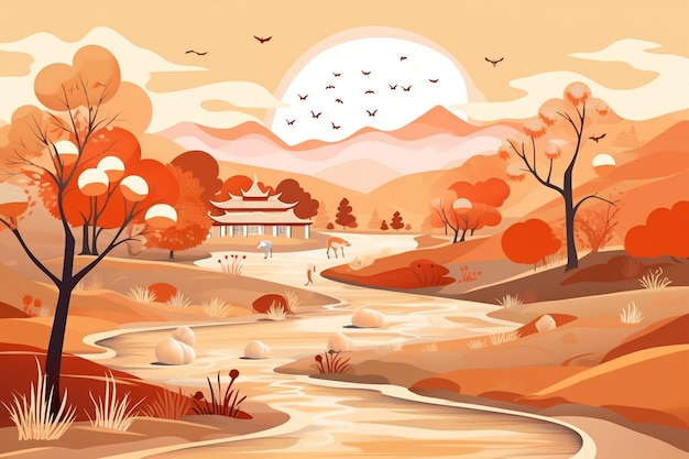 Vector cute style fall landscape art wallpaper