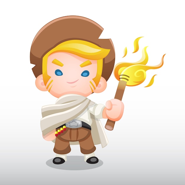 Cute style little adventurer holding torch cartoon illustration