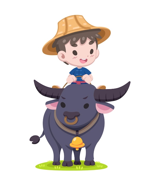 Vector cute style little thai farmer riding buffalo cartoon illustration