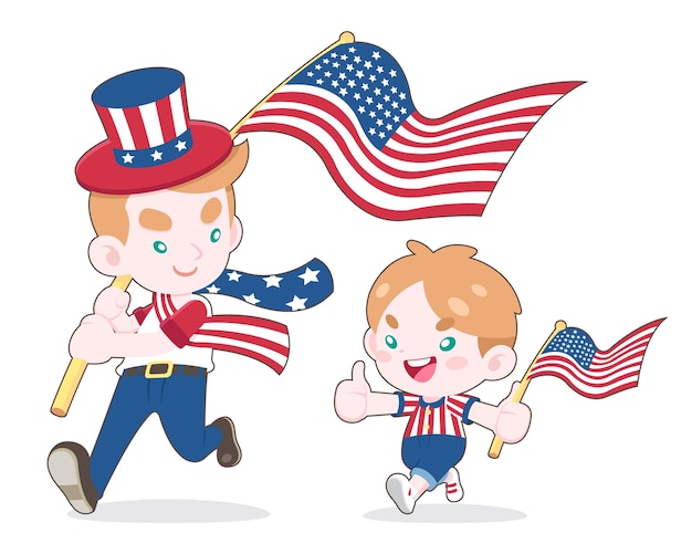 Cute style man and boy waving USA flags, smiling to each other cartoon illustration