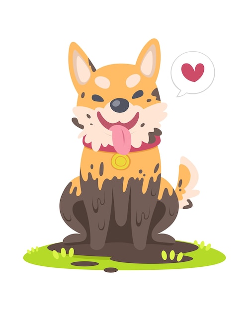 Cute style muddy happy dog sitting on grass floor cartoon