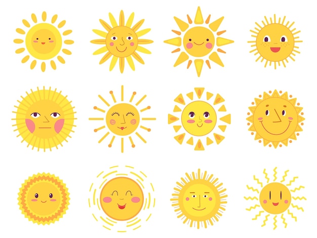 Cute sun faces Happiness joy suns isolated baby sunshine elements Funny smiling morning symbols scandinavian style summer decent vector set