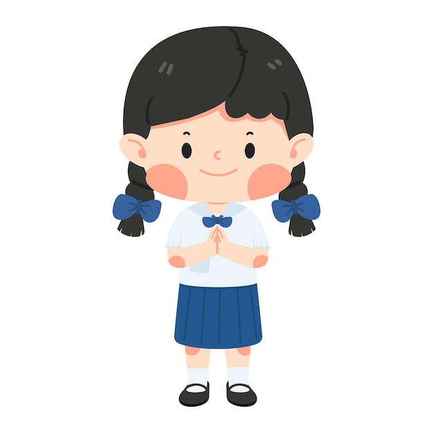 Vector cute thai student girl greeting sawasdee