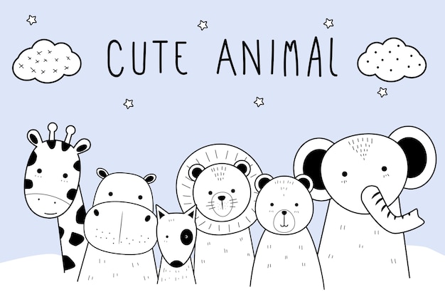 Vector cute thin line animal cartoon doodle