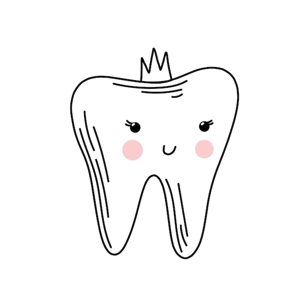 Cute tooth character in hand drawn doodle style Smiling cartoon tooth Vector illustration