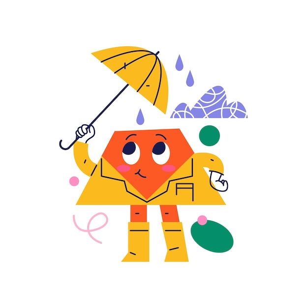 Vector cute trapezoid character with umbrella under rain