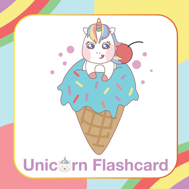 Cute Unicorn Flashcard for Children. Ready to print. Printable game card. Vector file