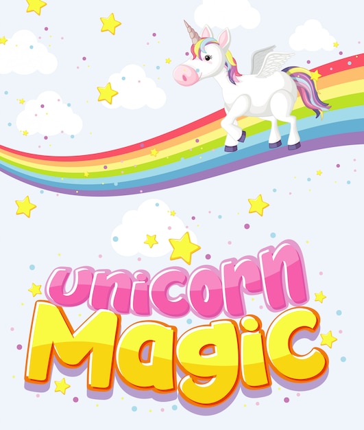 Vector cute unicorn magic text logo on sky background