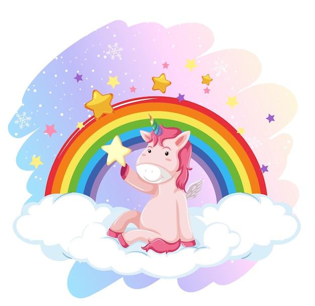 Cute unicorn in the pastel sky with rainbow