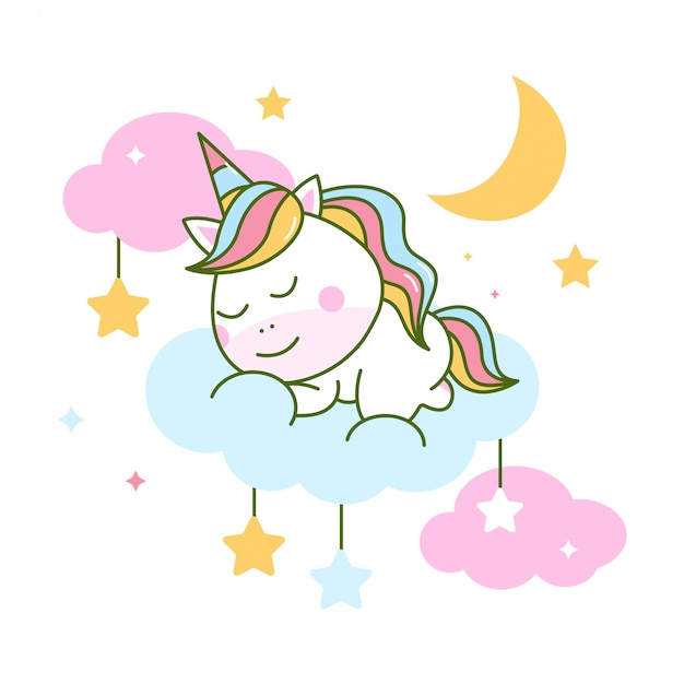 Cute unicorn sleeping on cloud