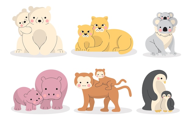 Cute of various animal family with polar bear tiger Koala hippo monkey and penguin Hand drawing in cartoon characters on mother's day concept on white background Vector illustration