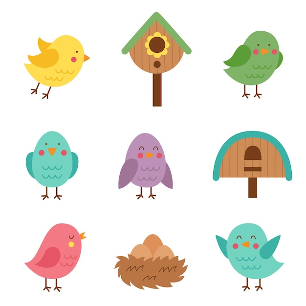 Vector cute vector set of birds and birdhouses in cartoon style on white background