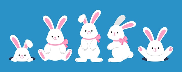 Cute white rabbits Easter bunny cartoon character set isolated on background Vector illustration