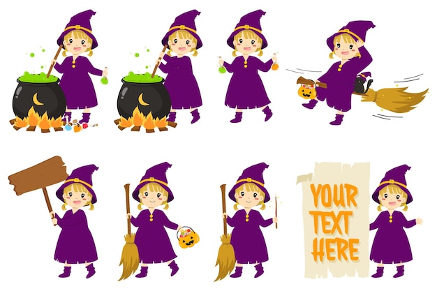 Cute witch and Halloween elements vector set