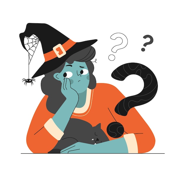 Cute Witch sitting with cat and Thinks Halloween holiday