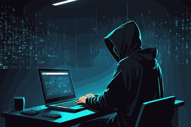 Cyber Hacker in Dark Hoodie Working on Laptop