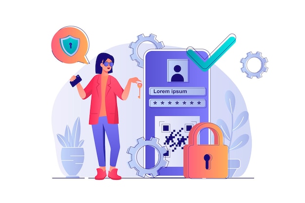 Cyber security concept with people scene Woman accesses mobile application using safety password online protection of personal accounts Vector illustration with characters in flat design for web