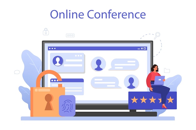 Cyber or web security specialist online service or platform. Idea of digital data protection and safety. Online conference. Flat vector illustration