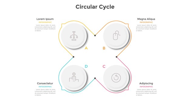 Cyclic diagram with 4 paper white round elements and arrows or pointers. Concept of four stages of business cycle. Infographic design template. Modern vector illustration for data visualization.