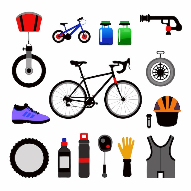 Vector cycling equipment set illustration bicycle sportswear and accessories for racing