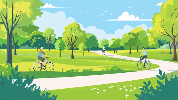 Vector cyclists on bike path in the park vector illustration