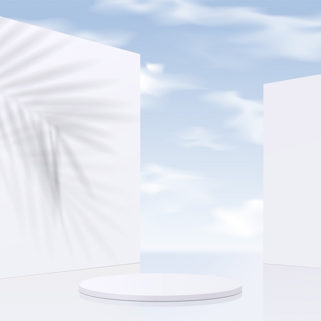 Cylinder white podium  with sky background and shadow leaves. product presentation,  scene to show cosmetic product, Podium, stage pedestal or platform. simple clean ,  