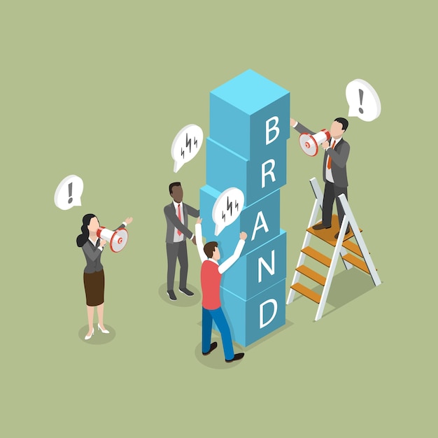 Vector d isometric flat vector illustration of brand building enhancing brand presence and reputation with