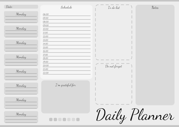 Vector daily planner template planner with place for notes on the gray tones vector illustration