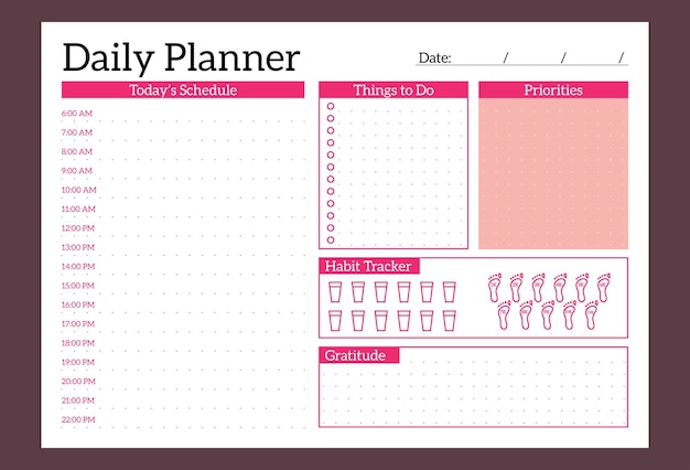 Daily planner vector template Organizer page schedule for a day planning Crimson abstract design