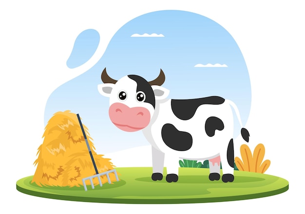 Dairy Cows Pictures with a View of Meadow or a Farm in the Countryside to Eat Grass in Illustration