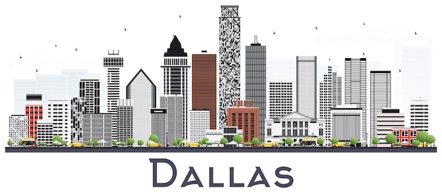 Dallas Texas City Skyline with Gray Buildings Isolated on White. Vector Illustration. Business Travel and Tourism Concept with Modern Buildings. Dallas Cityscape with Landmarks.