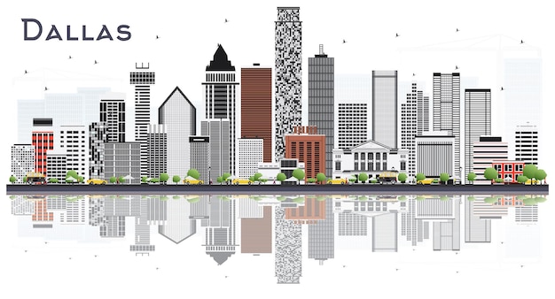 Dallas Texas City Skyline with Gray Buildings and Reflections Isolated on White. Vector Illustration. Business Travel and Tourism Concept with Modern Buildings. Dallas Cityscape with Landmarks.