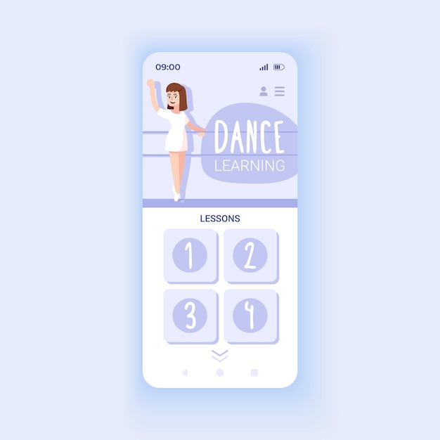 Dance learning app smartphone interface vector template