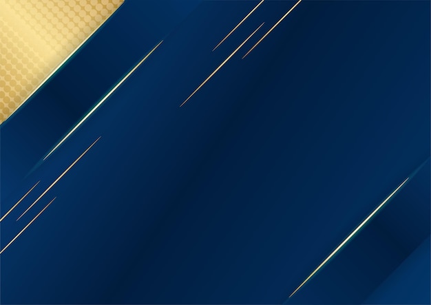 Dark blue background with gold shiny line elements for presentation background. Abstract template dark blue luxury premium background with luxury geometric pattern and gold lighting lines