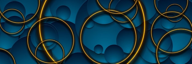 Vector dark blue geometric circles with glowing neon rings abstract banner