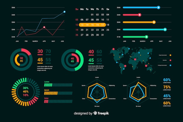 Vector dark dashboard presenting charts development