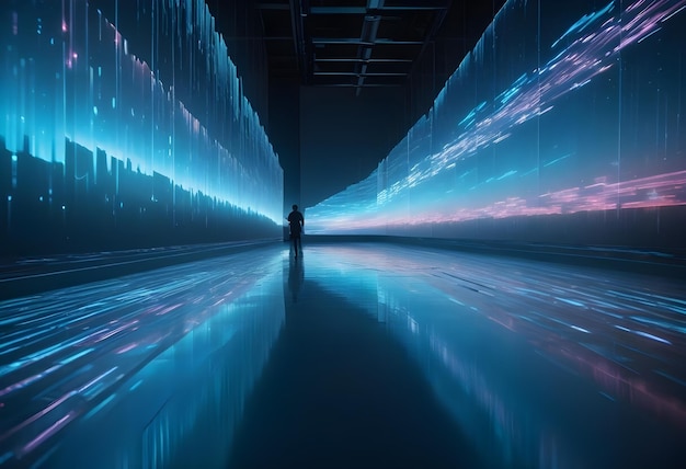 Vector a dark room with a single person standing in the center looking at a large screen displaying a colorful abstract image of a sky with glowing lines the floor is reflective