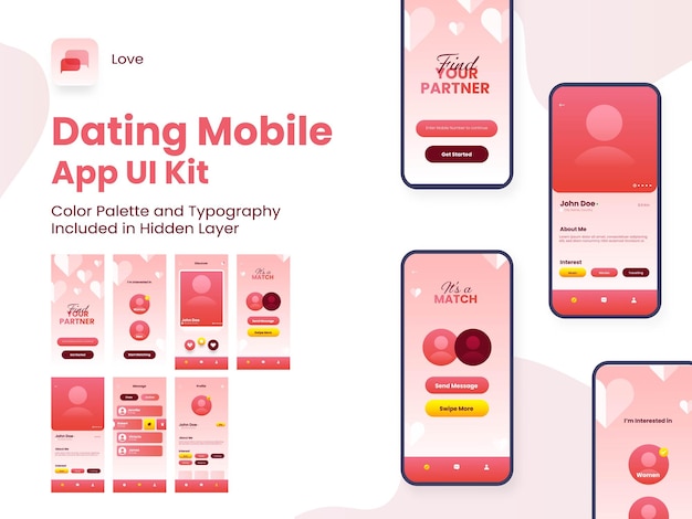 Vector dating app ui kit for responsive mobile application or website with multiple gui including login sign up place and user profile type screens