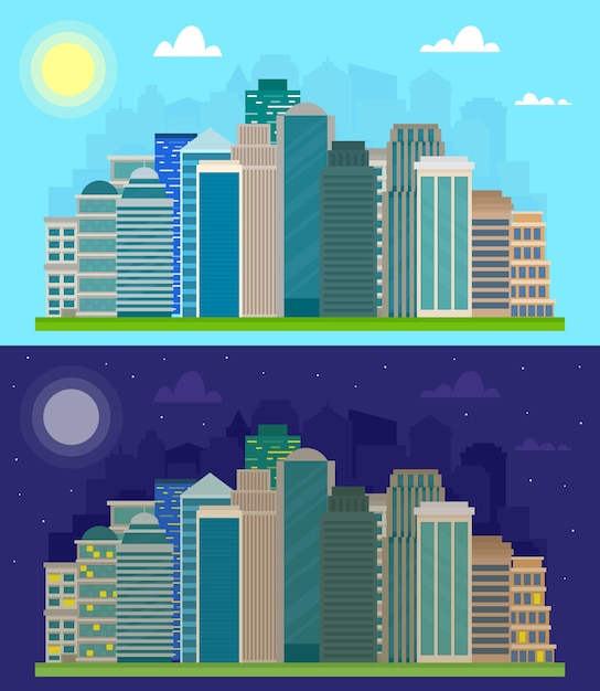 Day and Night city skyline office buildings Flat cityscape.