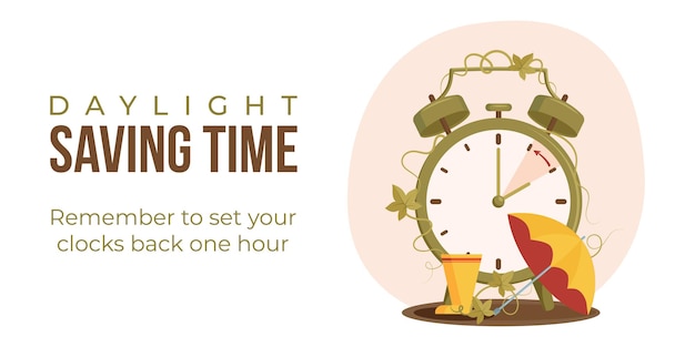 Vector daylight saving time end web banner poster minimalist alarm clock with umbrella and rubber boots