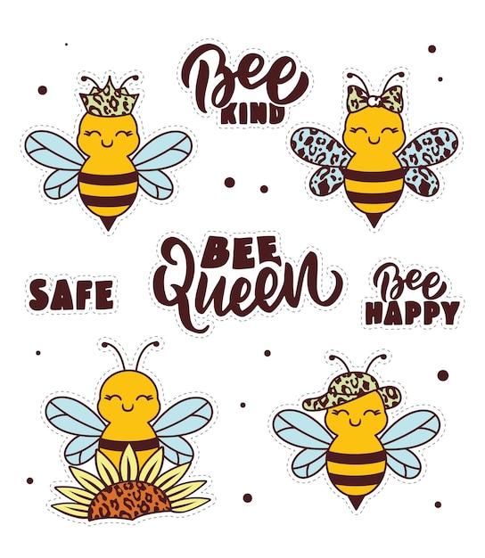 De set stickers voor Happy World Bee day Handgetekende collectie Honey bee