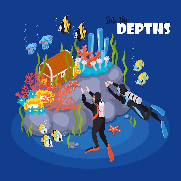 Deep scuba diving adventure isometric illustration