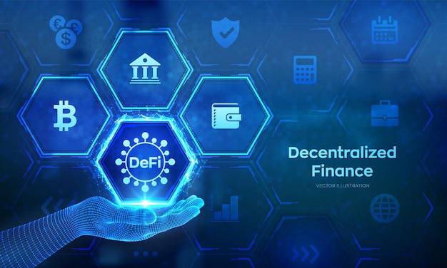 DeFi Decentralized Finance Blockchain decentralized financial system Business technology concept concept in wireframe hand Vector illustration