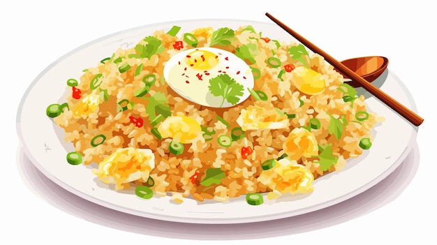 Delicious Fried Rice with Egg and Chicken on Ceramic Plate