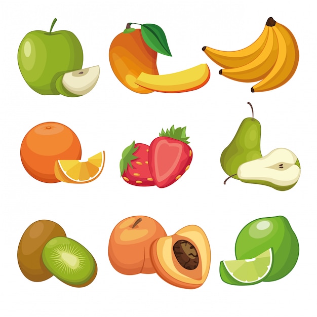 Delicious fruits set of cartoons